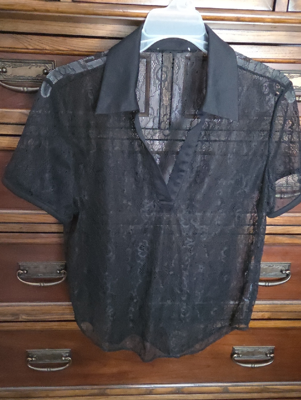 Black Sheer Lace Polo Shirt